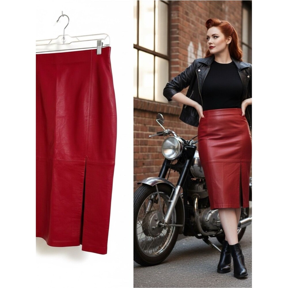 Vintage 90s Evan Davies Red Genuine Leather Pencil Skirt Size 8